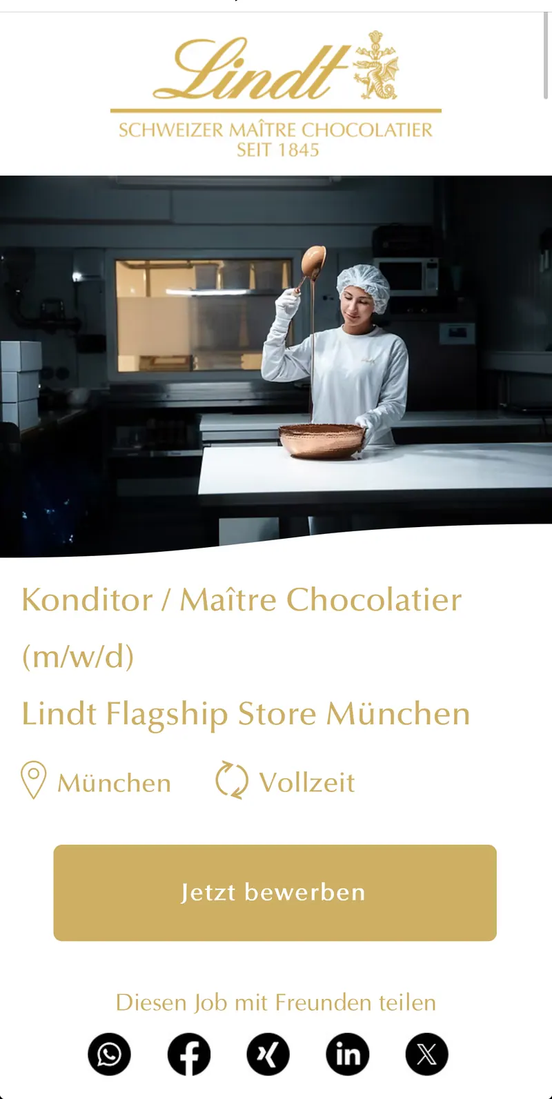 Mobile Job-Landingpage: Konditor / Maître Chocolatier (m/w/d) im Lindt Flagship Store München, Button „Jetzt bewerben“