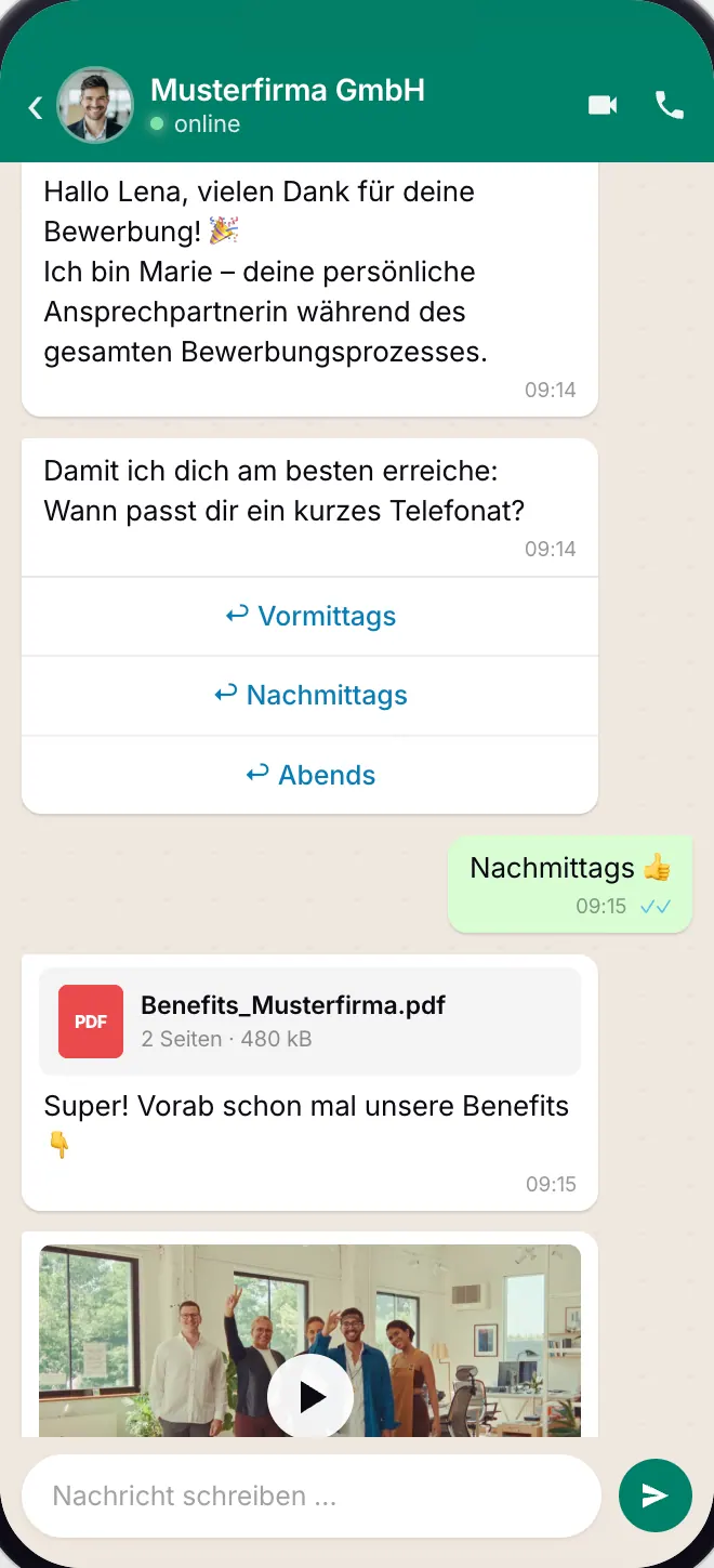 WhatsApp-Verlauf: automatische Begrüßung, Terminvorschläge per Antwortknopf, Benefits als PDF