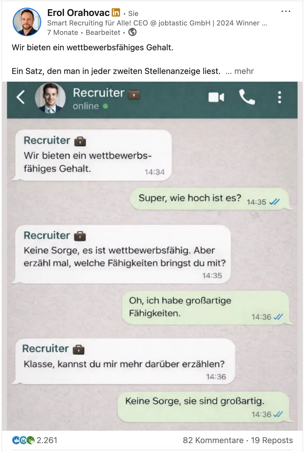 LinkedIn-Beitrag von Erol Orahovac: WhatsApp-Chat: „Wir bieten ein wettbewerbsfähiges Gehalt“ als Messenger-Dialog