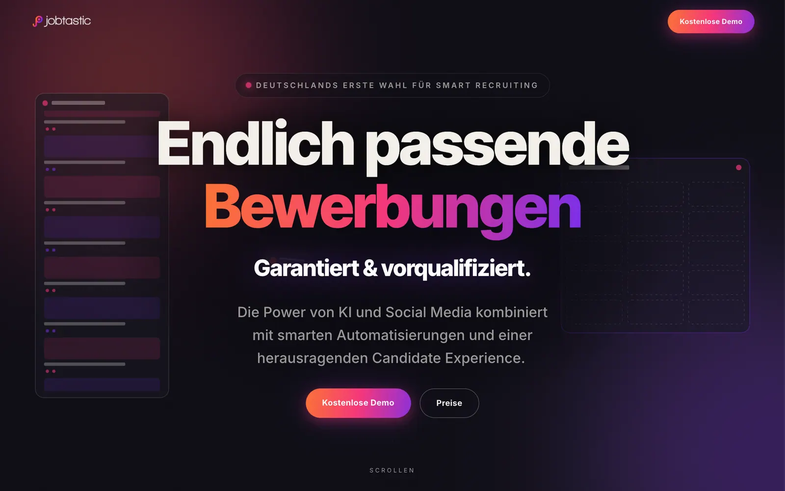 Startseite von jobtastic-work.com: „Endlich passende Bewerbungen“